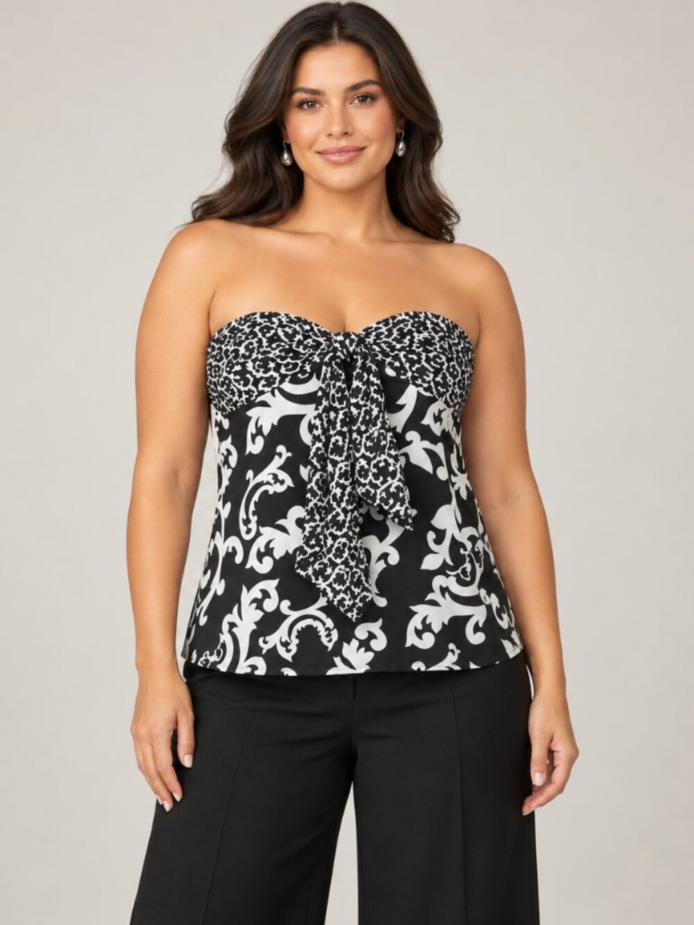 White House Black Market Top 14 Strapless Black White Baroque Tie Front Y2K